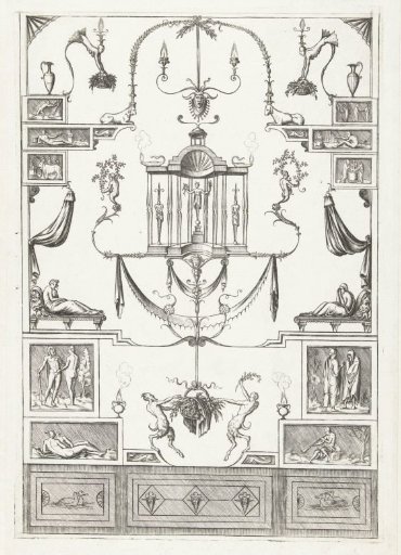 Architectural fantasy with two satyrs at the bottom on either side of a basket