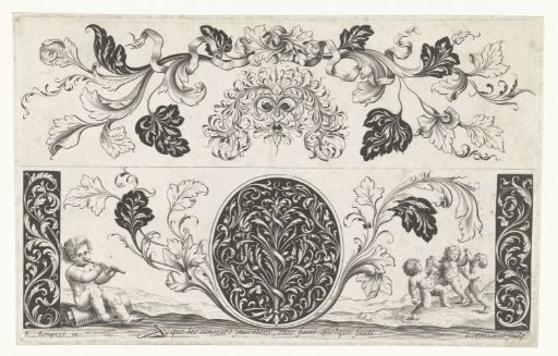 Mask and medallion flanked by leafy tendrils