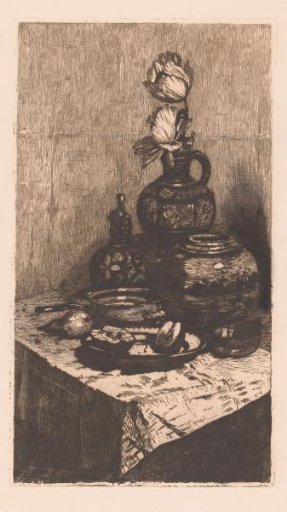 Still life with a stone jug and tulips