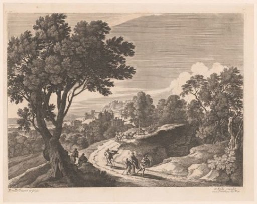 Country road outside a town with figures and cattle