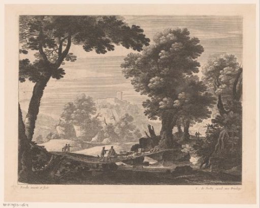 Shepherds with a herd on a wooden bridge