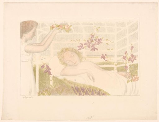 Sleeping girl receiving a wreath of flowers