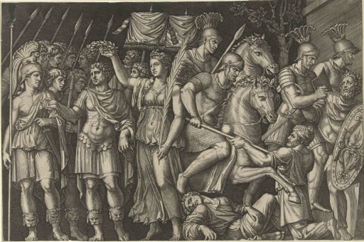Emperor Trajan Crowned by Victoria Standing Next to Female Personification of Rome and Romans in Battle with Dacians