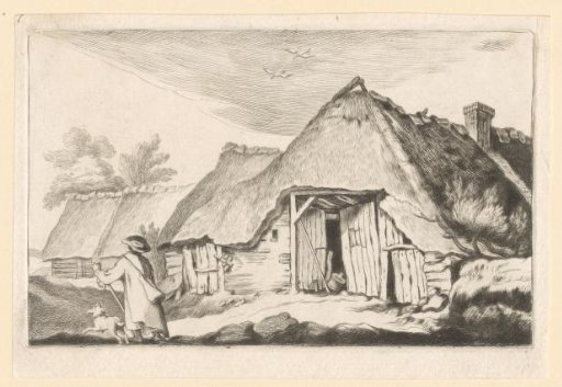 Traveler with a Dog in Front of a Farm