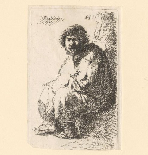 Beggar, sitting against a hill