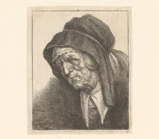 Portrait of an old woman with a black hood and white collar