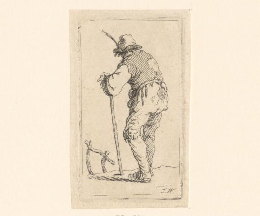 Standing Man in Rags with a Walking Stick, Seen from Behind
