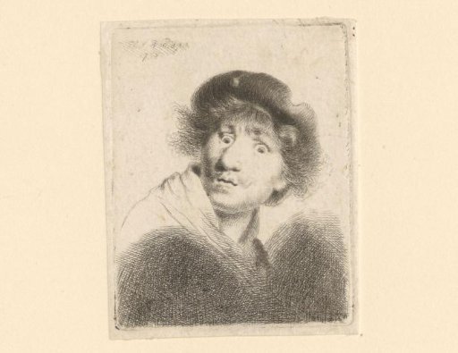 Portrait of Rembrandt van Rijn with a cap and wide-open eyes