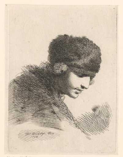 Head of a Man with Fur Cap, Looking Down to the Right