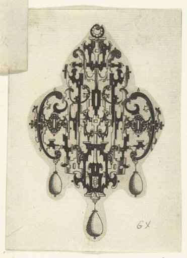 Pendant with an Oval and Decorated Frame in the Scrollwork on the Left and Right