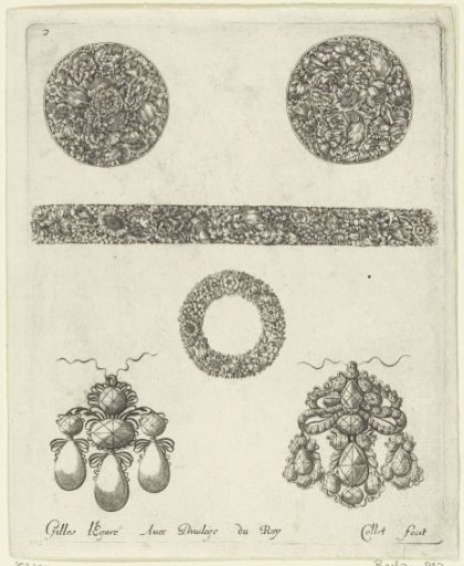 Two Clock Cases, a Band, a Wreath, and Two Pendants