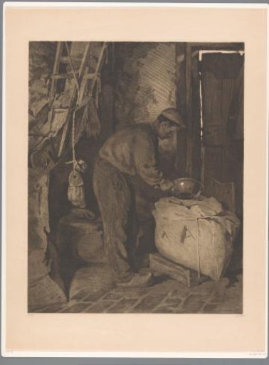 Miller in the corn mill at Wijk bij Duurstede filling a sack with flour