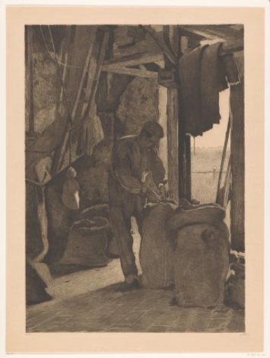 Miller in the corn mill at Wijk bij Duurstede tying a sack shut