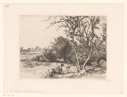 Shepherd with dog sitting on a tree stump