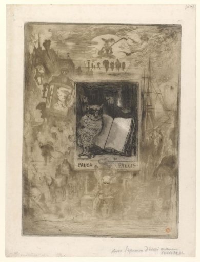 Owl beside an open book, surrounded by illustrations in the margin