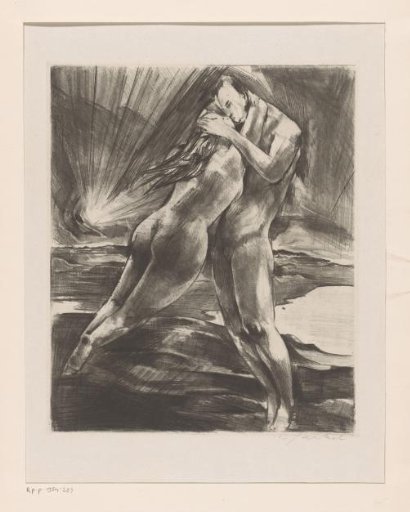 Bare landscape with a naked man and woman embracing