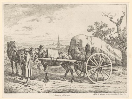 Cart with hay drawn by two horses and a resting coachman smoking a pipe