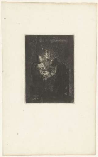 Two women sitting sewing by the light of a lamp
