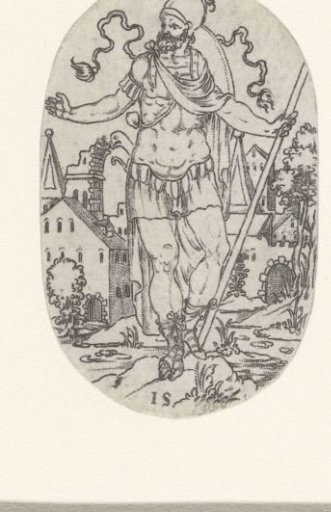 Helmeted man in a breastplate, leaning on a staff