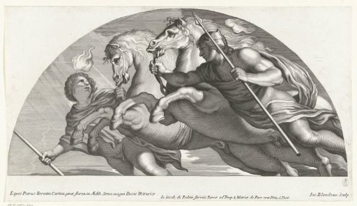 Two genii with two horses on leads