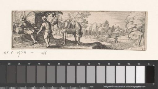 Horseman in conversation with a seated man