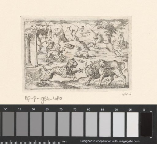 Two foxes, a leopard, an aurochs, a turtle, a chamois, a unicorn and a mythical creature