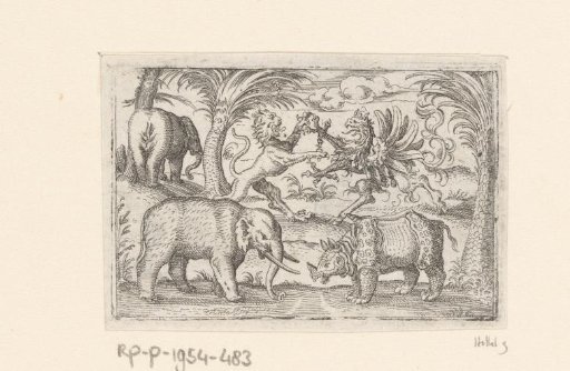 Two elephants, a rhinoceros, a lion and a griffin