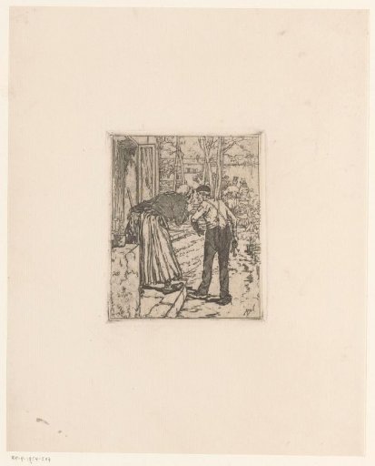 Servants conversing in front of a house