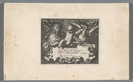 Child Between a Tamed Lion and a Bird of Prey Above a Cartouche with a Verse