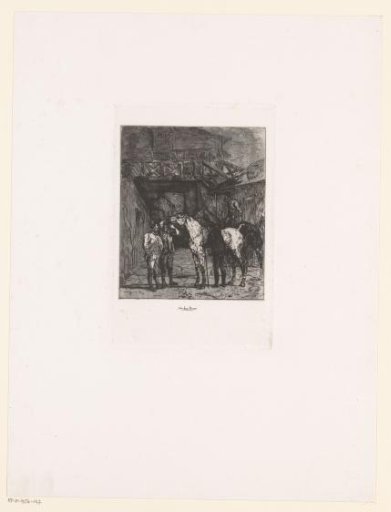 Four men and two horses at a stable