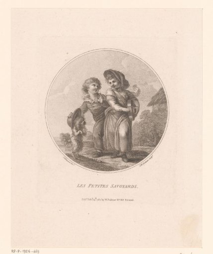 Two children with dog and hurdy-gurdy in a landscape