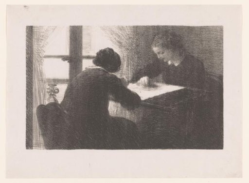 Two embroideresses at a table by the window