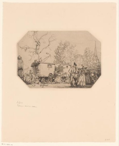 View of a fair with figures before carriages
