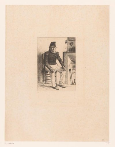 Old man in military costume, sitting next to a fireplace