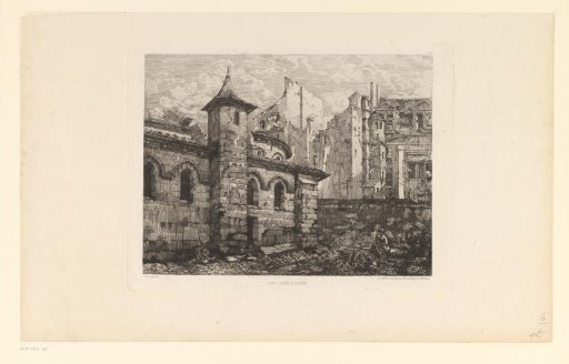 View of the Saint-Julien-le-Pauvre church in Paris with a woman and playing children