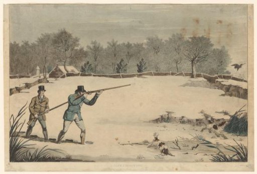 Winter landscape with two hunters shooting at a snipe