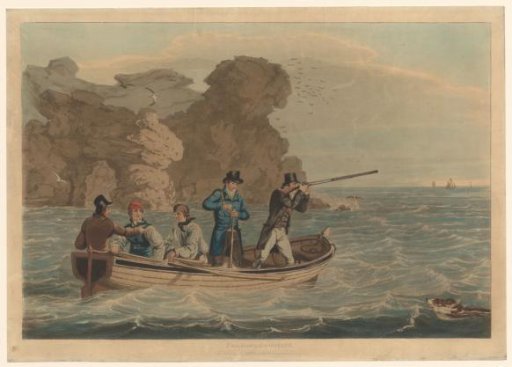 Hunters shooting from a rowing boat at game