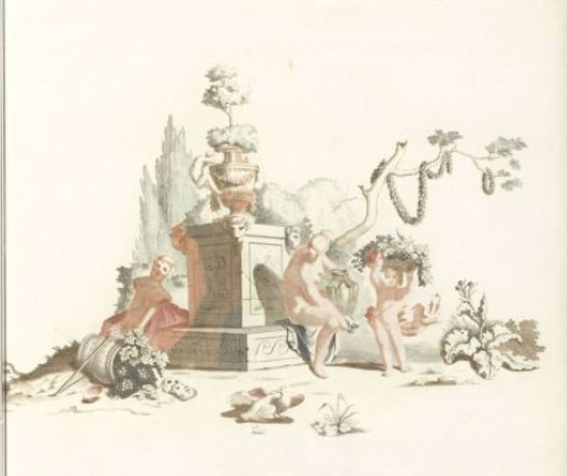 Woman and a boy with a flower basket above his head at the foot of a monument