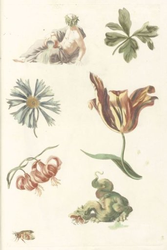River god, a dragon, and four flowers