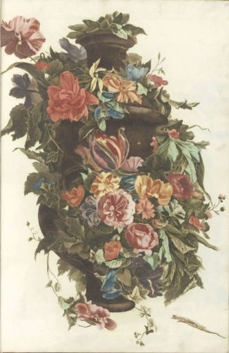 Vase surrounded by floral garland