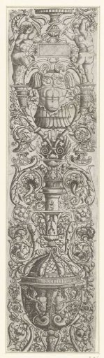 Fragment of a candelabrum composed of a vase with lid and leafy tendrils crowned with a breastplate and two children armed with sticks and shields