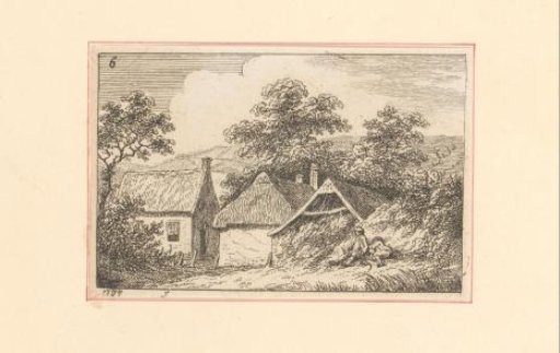 Landscape with resting figures near a barn and a house