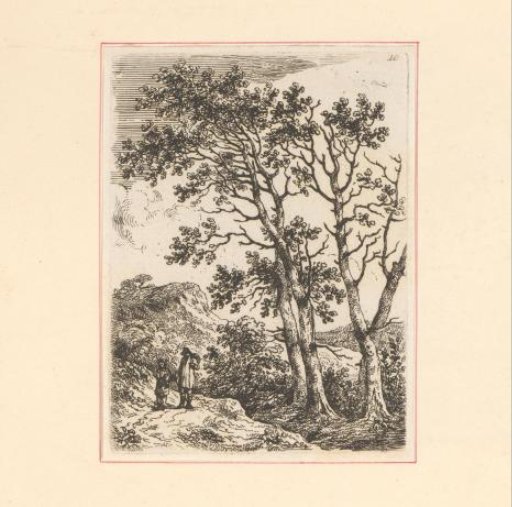 Figures near two large trees