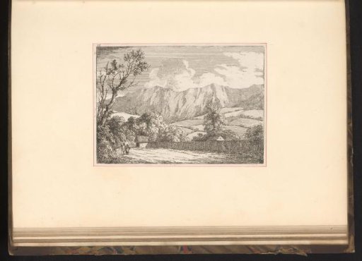 Hilly landscape with pedestrians and a city wall
