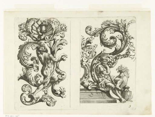 Nude man and seated man with leaf garlands