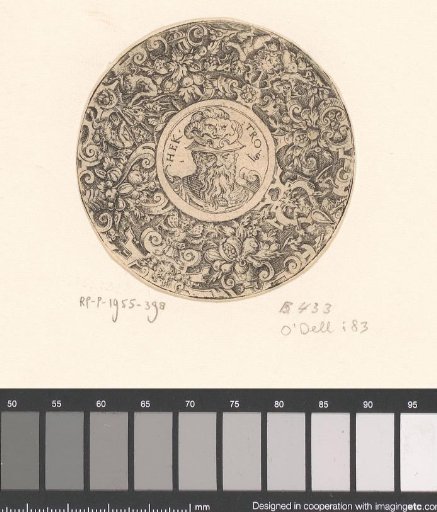 Round design with ornaments and a bust of Hector