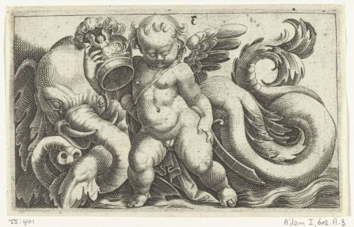 Putto with a helmet in his arm beside a sea-elephant