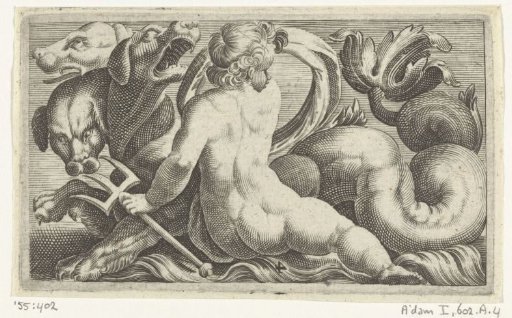 Child seen from the back beside a three-headed sea-monster