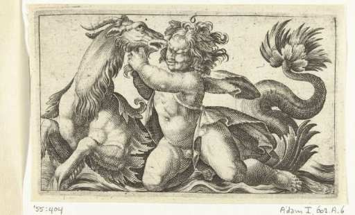 Child with a satyr's head beside a sea-goat