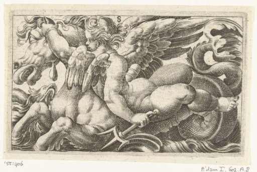 Putto with a trident, riding a sea-horse backwards